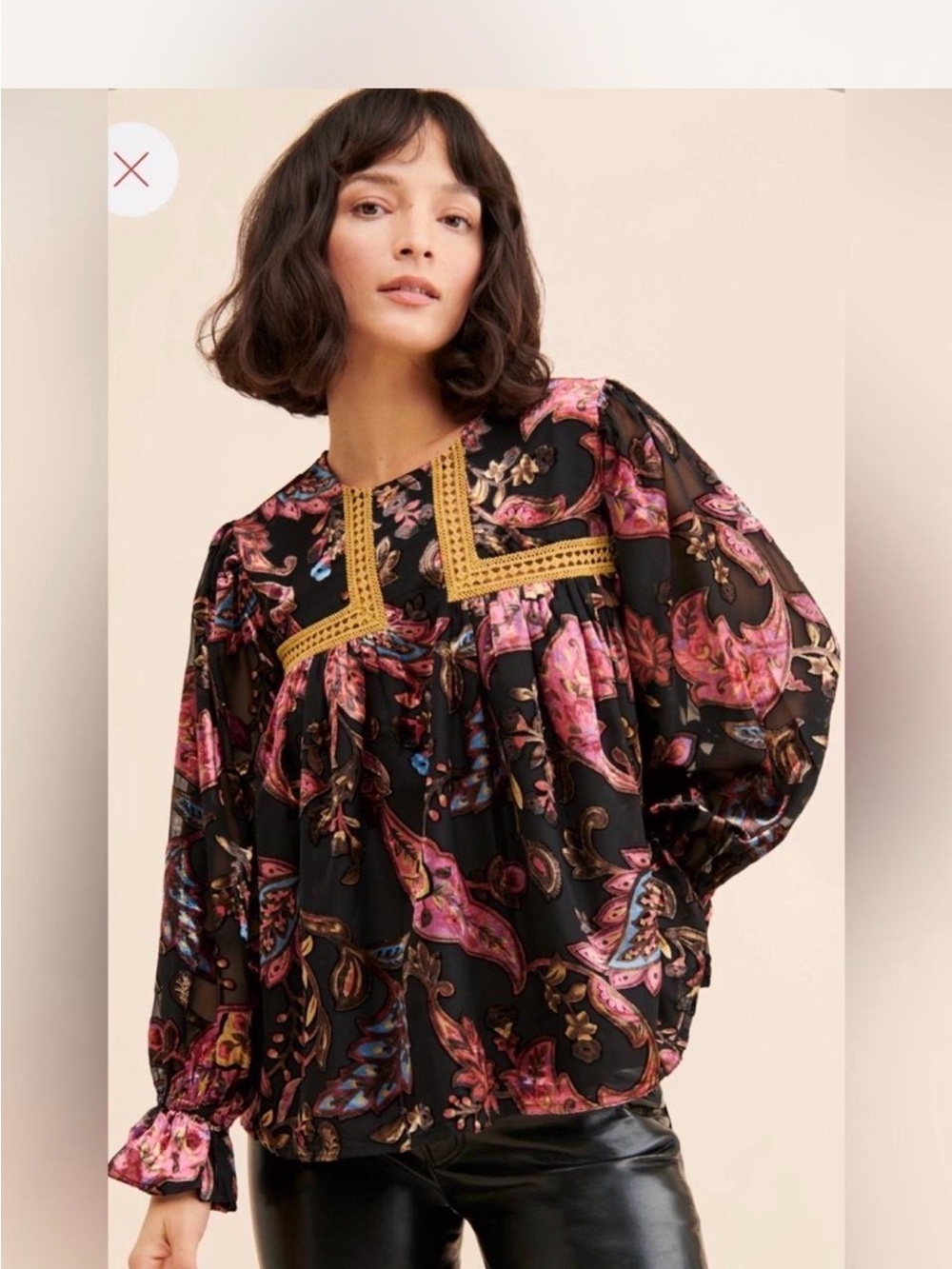 Anthropologie Black Floral Paisley Blouse with Pink and Gold Accents